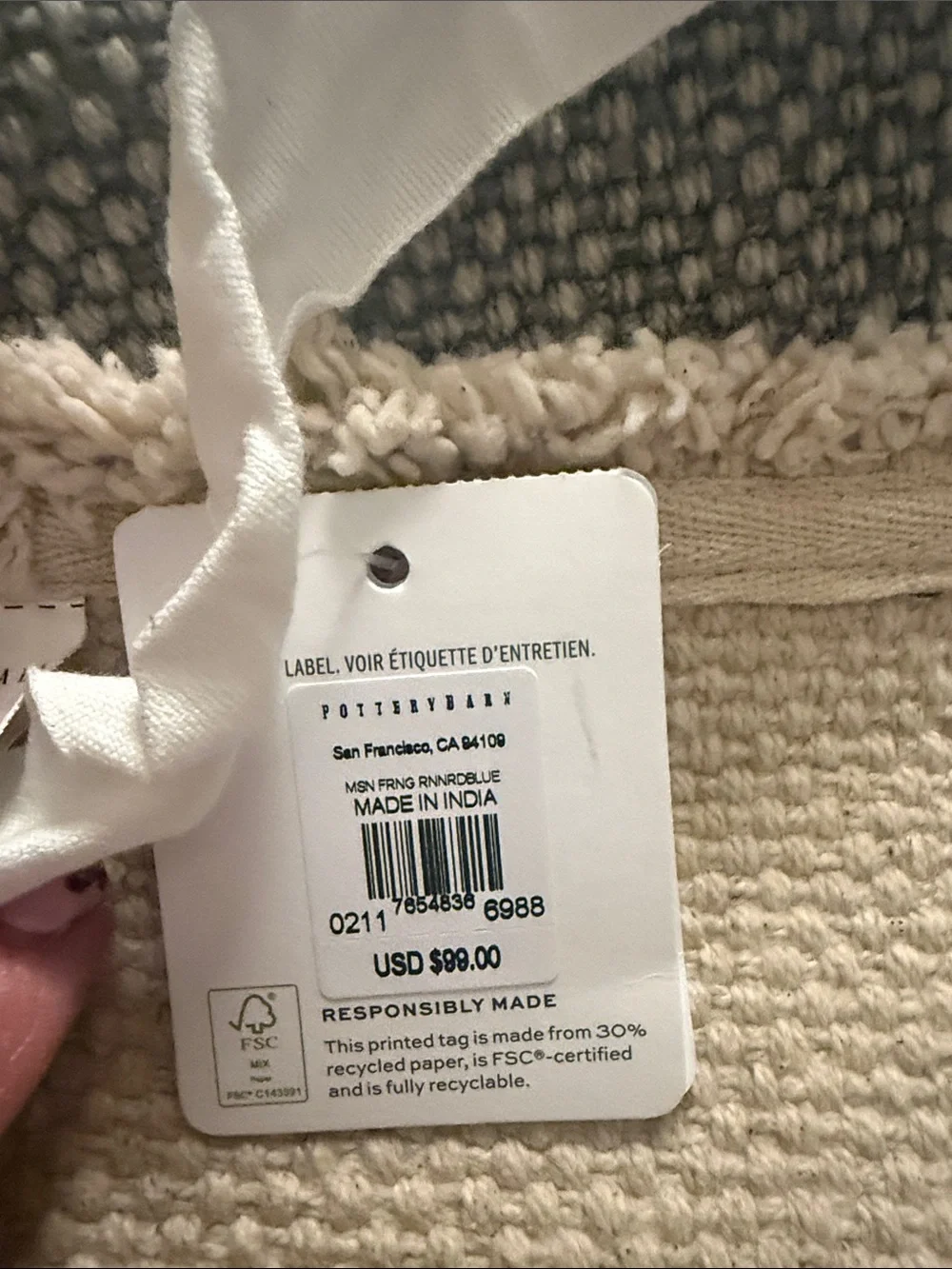 Pottery Barn Gray Woven with Cream colored Fringe Trim Table Runner
